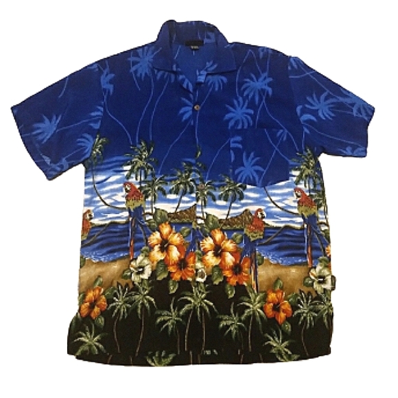 Vintage Uluwatu Hawaiian Parrots Palmtrees Floral Tropical Shirt Size XL - Picture 1 of 11